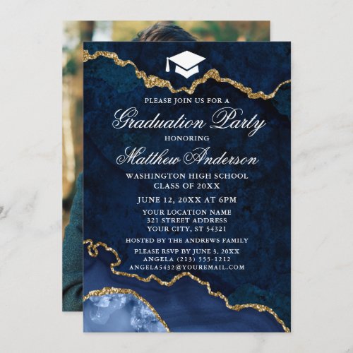 Watercolor Blue Gold Marble Photo Graduation Party Invitation
