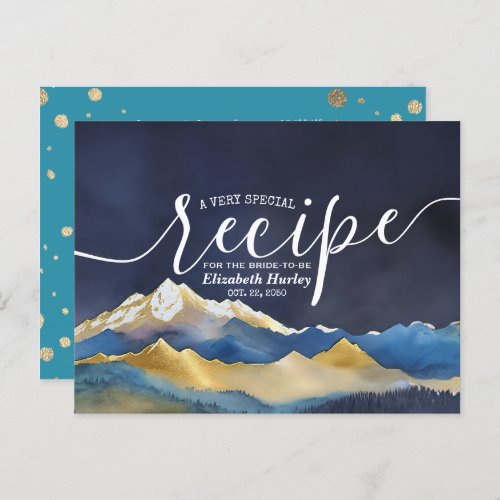 Watercolor Blue Gold Mountain Bridal Shower Recipe Invitation Postcard