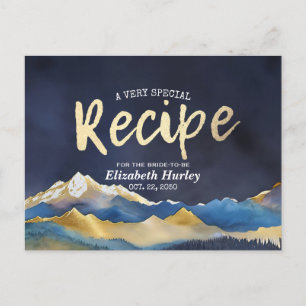 Watercolor Blue Gold Mountain Bridal Shower Recipe Invitation Postcard