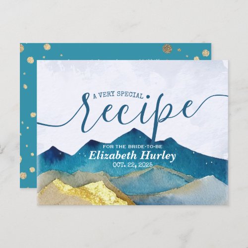 Watercolor Blue Gold Mountain Bridal Shower Recipe Invitation Postcard