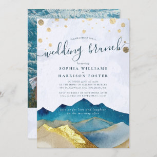 Watercolor Blue Gold Mountain Photo Wedding Brunch Invitation