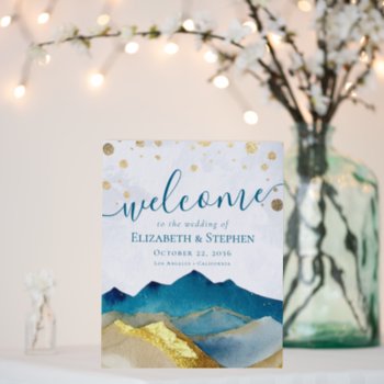 Watercolor Blue Gold Mountain Wedding Welcome Sign by ReadyCardCard at Zazzle