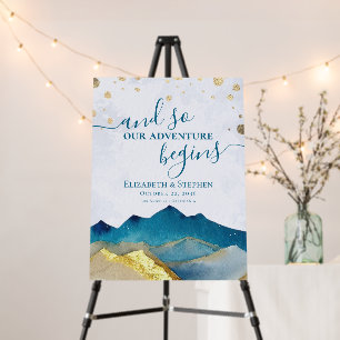 Watercolor Blue Gold Mountain Wedding Welcome Sign