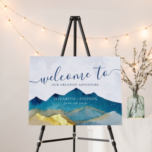 Watercolor Blue Gold Mountain Wedding Welcome Sign