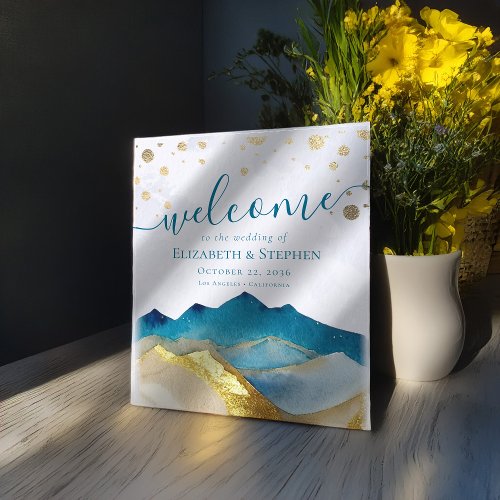 Watercolor Blue Gold Mountain Wedding Welcome Sign