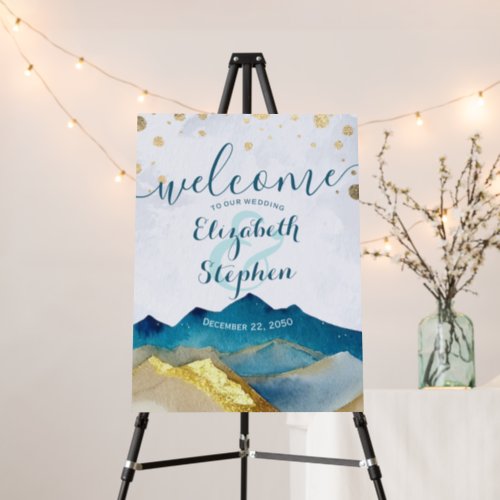 Watercolor Blue Gold Mountain Wedding Welcome Sign