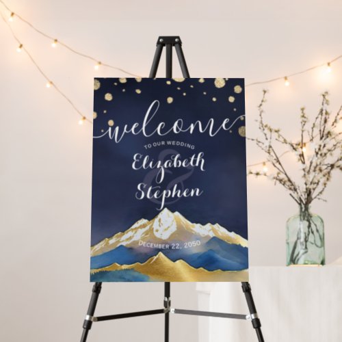 Watercolor Blue Gold Mountain Wedding Welcome Sign