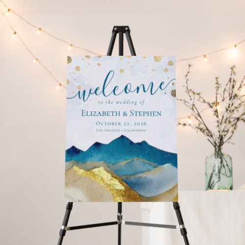 Watercolor Blue Gold Mountain Wedding Welcome Sign