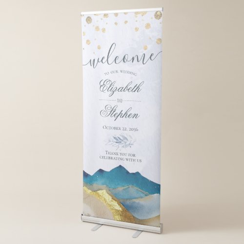 Watercolor Blue Gold Mountain Wedding Welcome Sign