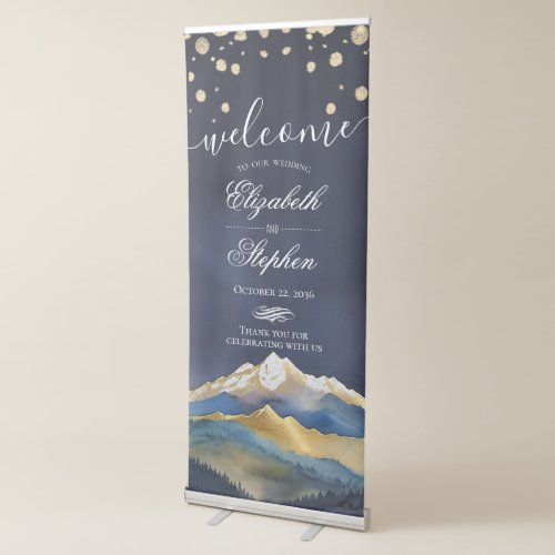 Watercolor Blue Gold Mountain Wedding Welcome Sign