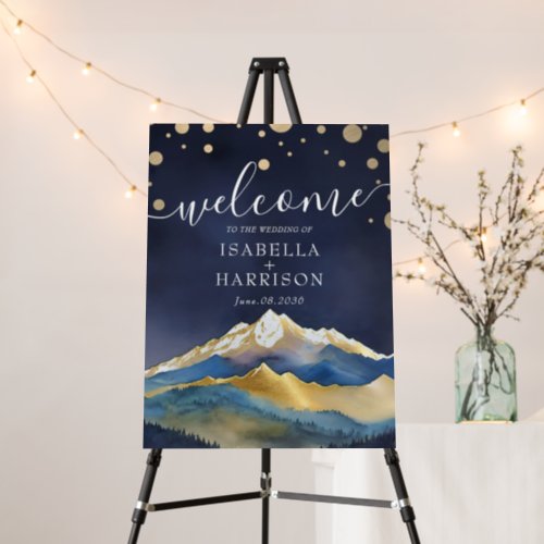 Watercolor Blue Gold Mountain Wedding Welcome Sign