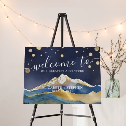 Watercolor Blue Gold Mountain Wedding Welcome Sign