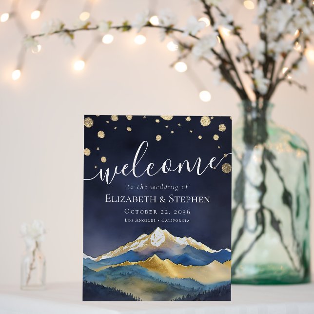 Watercolor Blue Gold Mountain Wedding Welcome Sign (In Situ (Wedding))