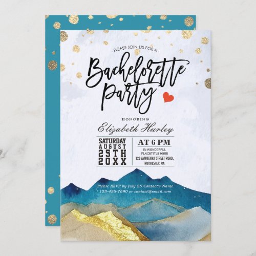 Watercolor Blue Gold Mountains Bachelorette Party  Invitation