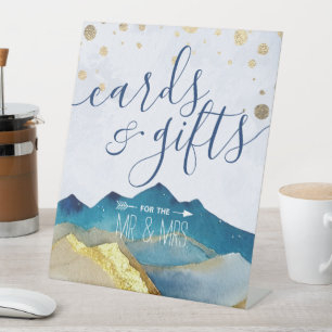 Watercolor Blue Gold Mountains Cards Gifts Wedding Pedestal Sign