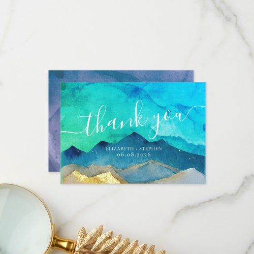 Watercolor Blue  Gold Mountains Wedding Thank You