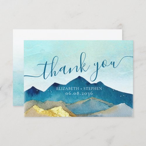 Watercolor Blue  Gold Mountains Wedding Thank You