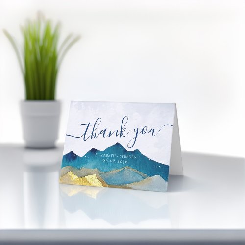 Watercolor Blue  Gold Mountains Wedding Thank You