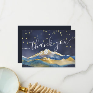 Watercolor Blue & Gold Mountains Wedding Thank You Card