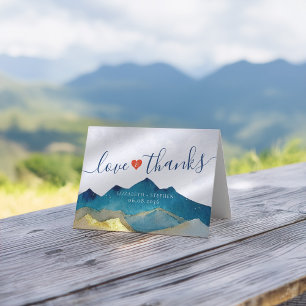 Watercolor Blue & Gold Mountains Wedding Thank You Card