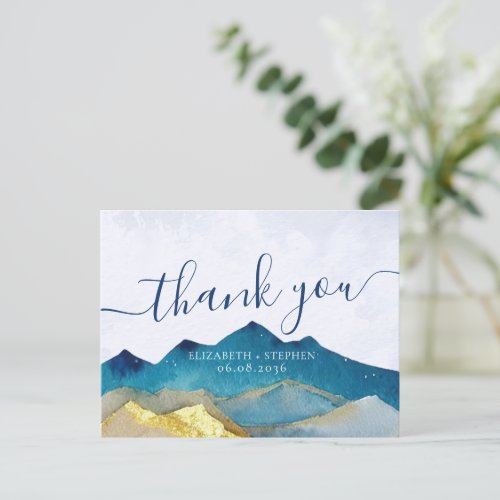 Watercolor Blue  Gold Mountains Wedding Thank You Postcard