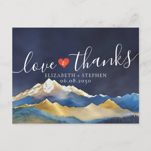 Watercolor Blue  Gold Mountains Wedding Thank You Postcard