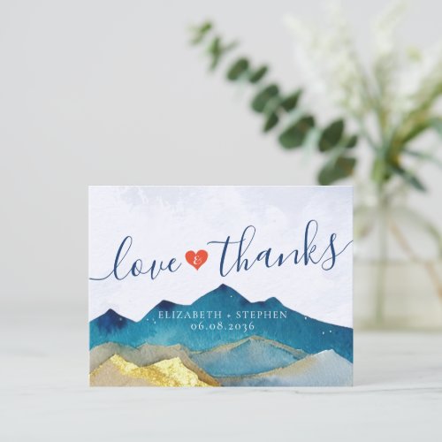 Watercolor Blue  Gold Mountains Wedding Thank You Postcard