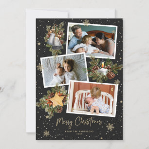 Watercolor Blue Gold Photo Merry Christmas Cards