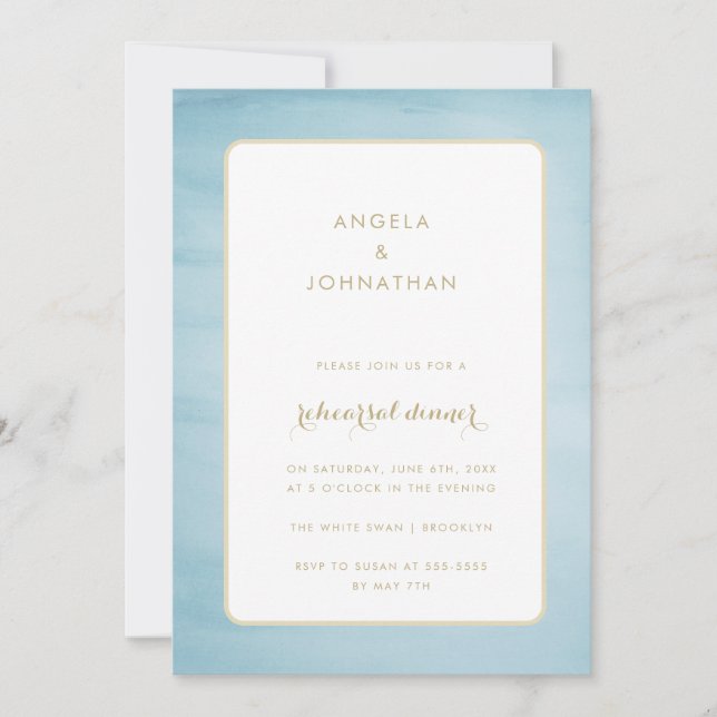 Watercolor Blue & Gold Rehearsal Dinner Invitation (Front)