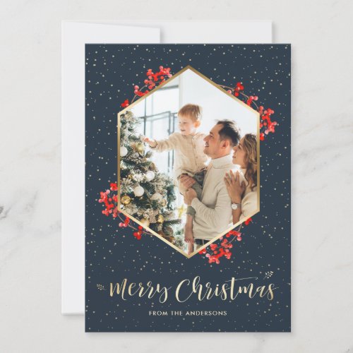 Watercolor Blue Gold Snow Photo Merry Christmas Holiday Card
