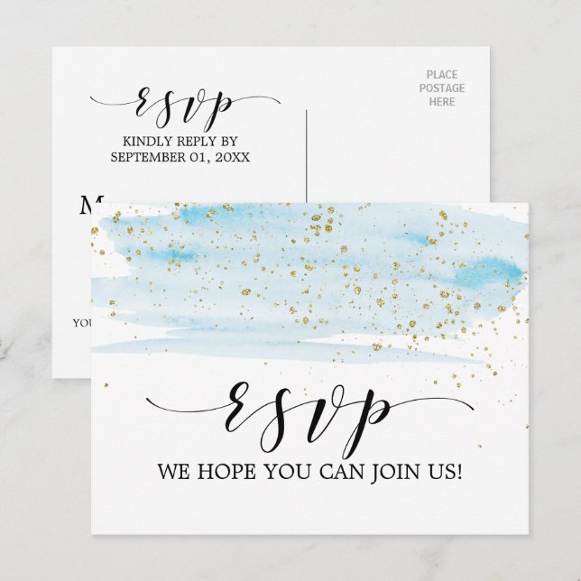 Watercolor Blue & Gold Song Request RSVP Postcard (Front/Back)