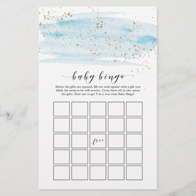 Watercolor Blue & Gold Sparkle Baby Bingo Game (Front)