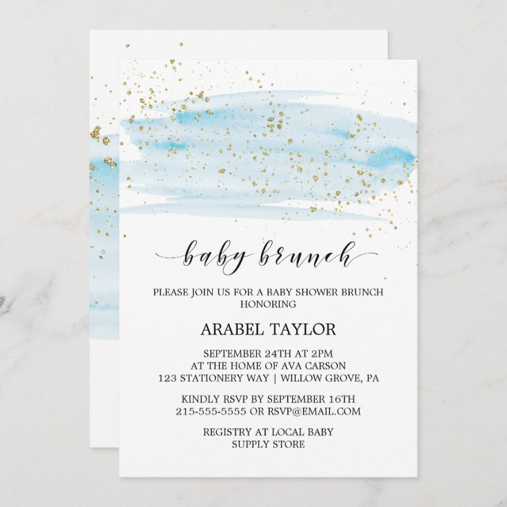 Watercolor Blue & Gold Sparkle Baby Brunch Invitation | Zazzle