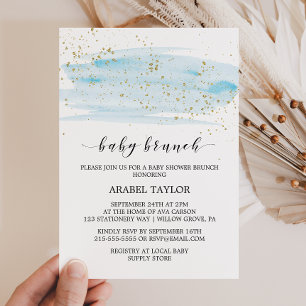 Watercolor Blue & Gold Sparkle Baby Brunch Invitation