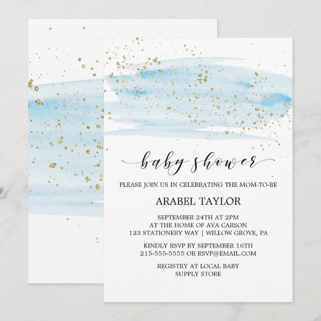 Watercolor Blue & Gold Sparkle Baby Shower Invitation (Front/Back)