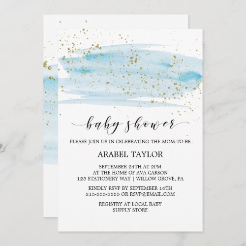Watercolor Blue  Gold Sparkle Baby Shower Invitation