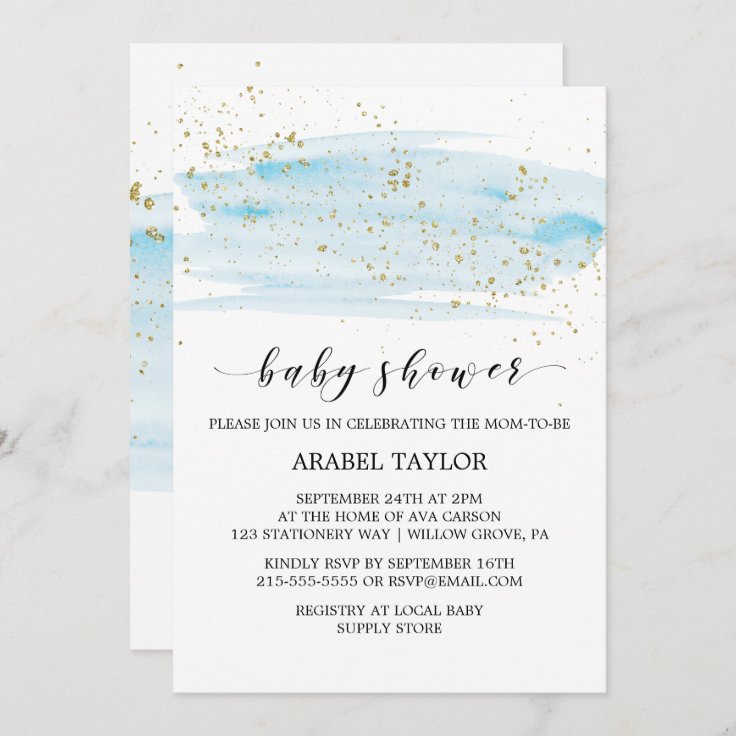 Watercolor Blue & Gold Sparkle Baby Shower Invitation | Zazzle