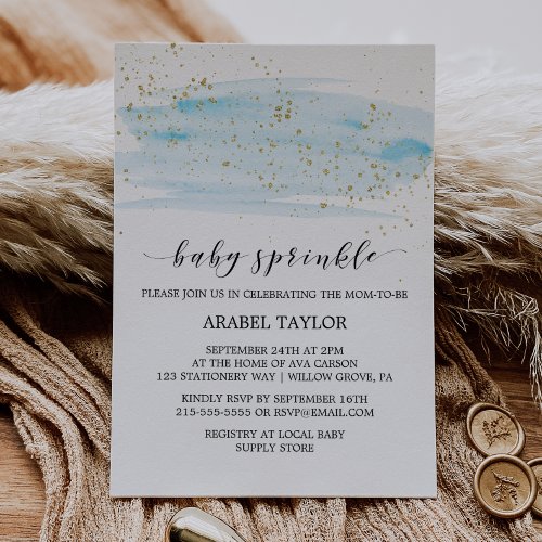 Watercolor Blue  Gold Sparkle Baby Sprinkle Invitation