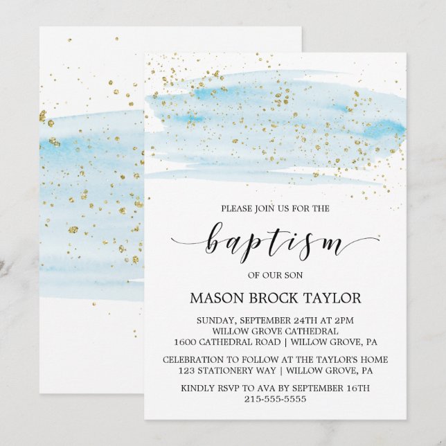 Watercolor Blue & Gold Sparkle Baptism Invitation (Front/Back)