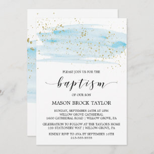 Watercolor Blue & Gold Sparkle Baptism Invitation