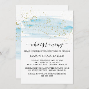 Watercolor Blue & Gold Sparkle Christening Invitation