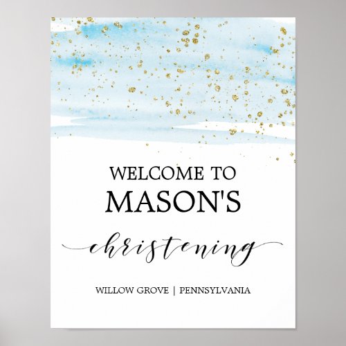 Watercolor Blue  Gold Sparkle Christening Welcome Poster