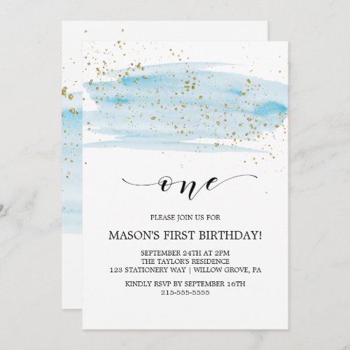 Watercolor Blue  Gold Sparkle First Birthday Invitation