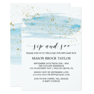 Watercolor Blue Gold Sparkle Sip And See Invitation