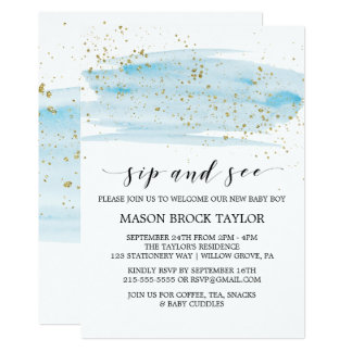 Watercolor Blue & Gold Sparkle Sip and See Invitation