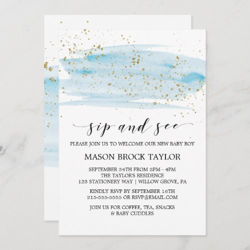 Watercolor Blue  Gold Sparkle Sip and See Invitation