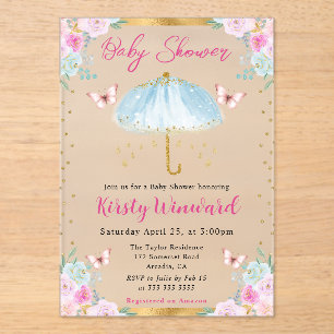 Watercolor Blue Gold Spring Umbrella Baby Shower Acrylic Invitations
