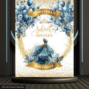 Watercolor Blue Gold Sweet Sixteen Balloon Banner Tapestry