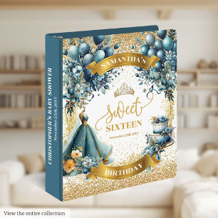 Watercolor Blue Gold Sweet Sixteen Glitter Memory 3 Ring Binder