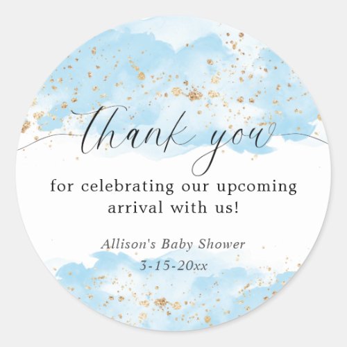 Watercolor blue gold white baby shower thank you classic round sticker